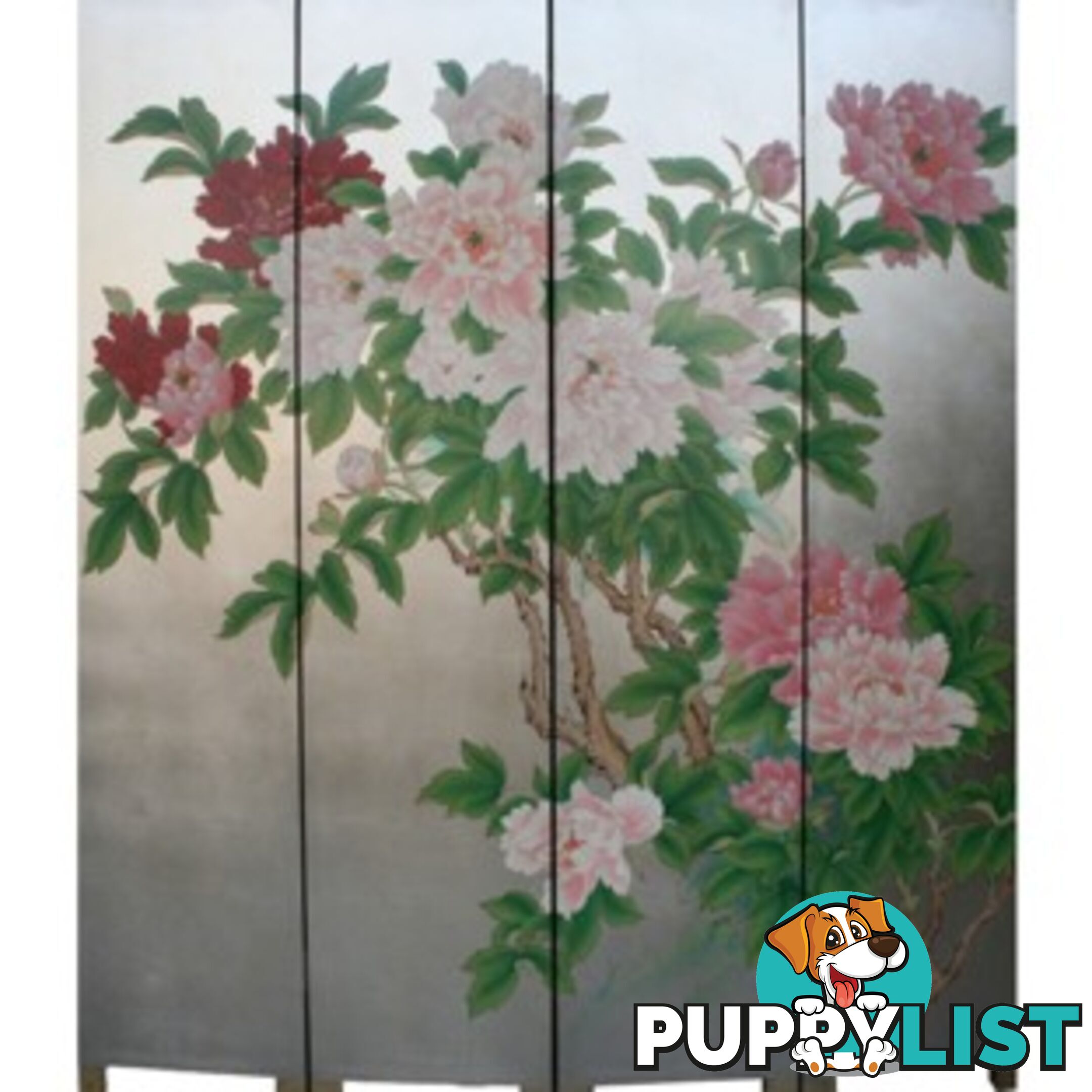 Oriental Flora Peony Room Divider Screen - Silver Leaf Background