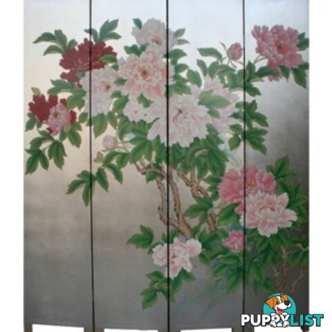 Oriental Flora Peony Room Divider Screen - Silver Leaf Background