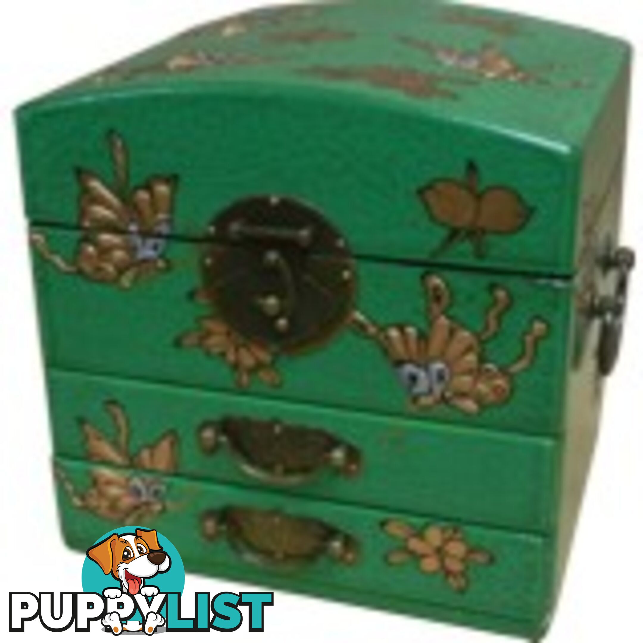 Dome Top Green Two Drawers Mirror Box - Embossed Butterflies