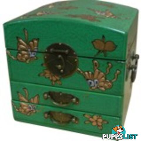 Dome Top Green Two Drawers Mirror Box - Embossed Butterflies