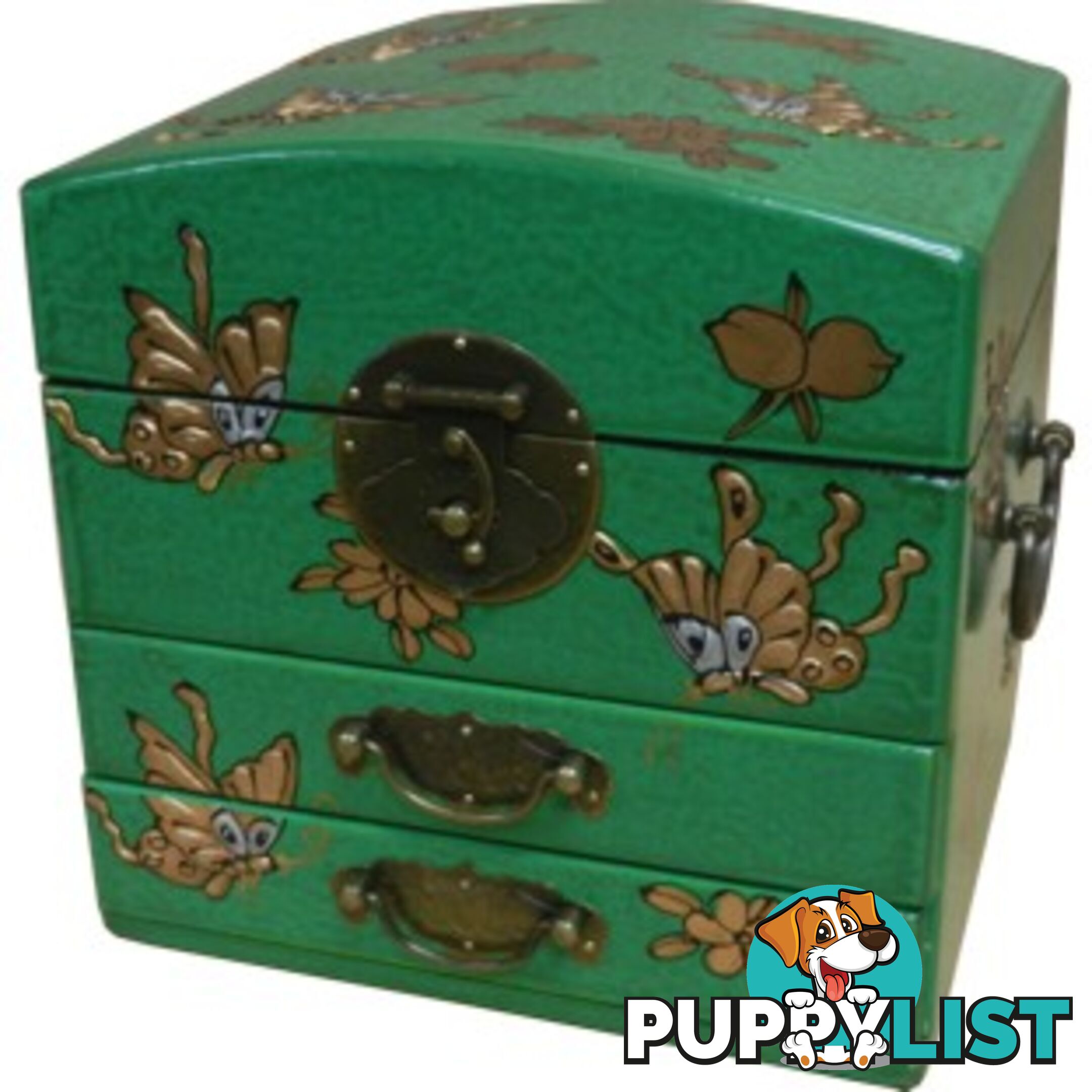 Dome Top Green Two Drawers Mirror Box - Embossed Butterflies