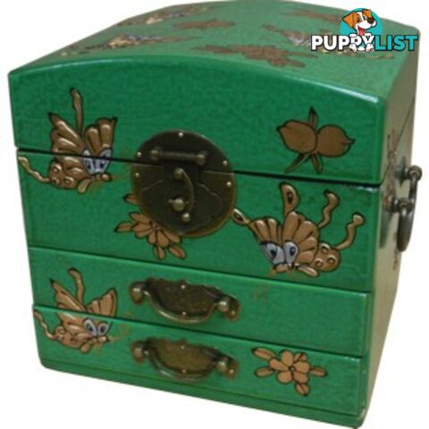 Dome Top Green Two Drawers Mirror Box - Embossed Butterflies