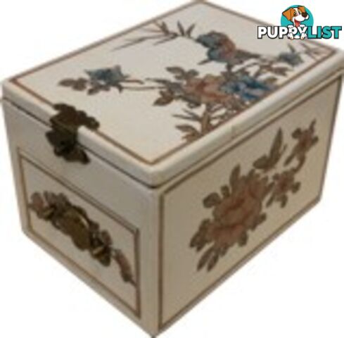 Cream Jewellery Box with Stand-Up Mirror - One Drawer Flower