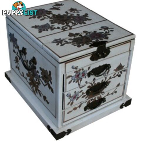 Large White Chinese Flower Painted Mirrored Jewellery Box