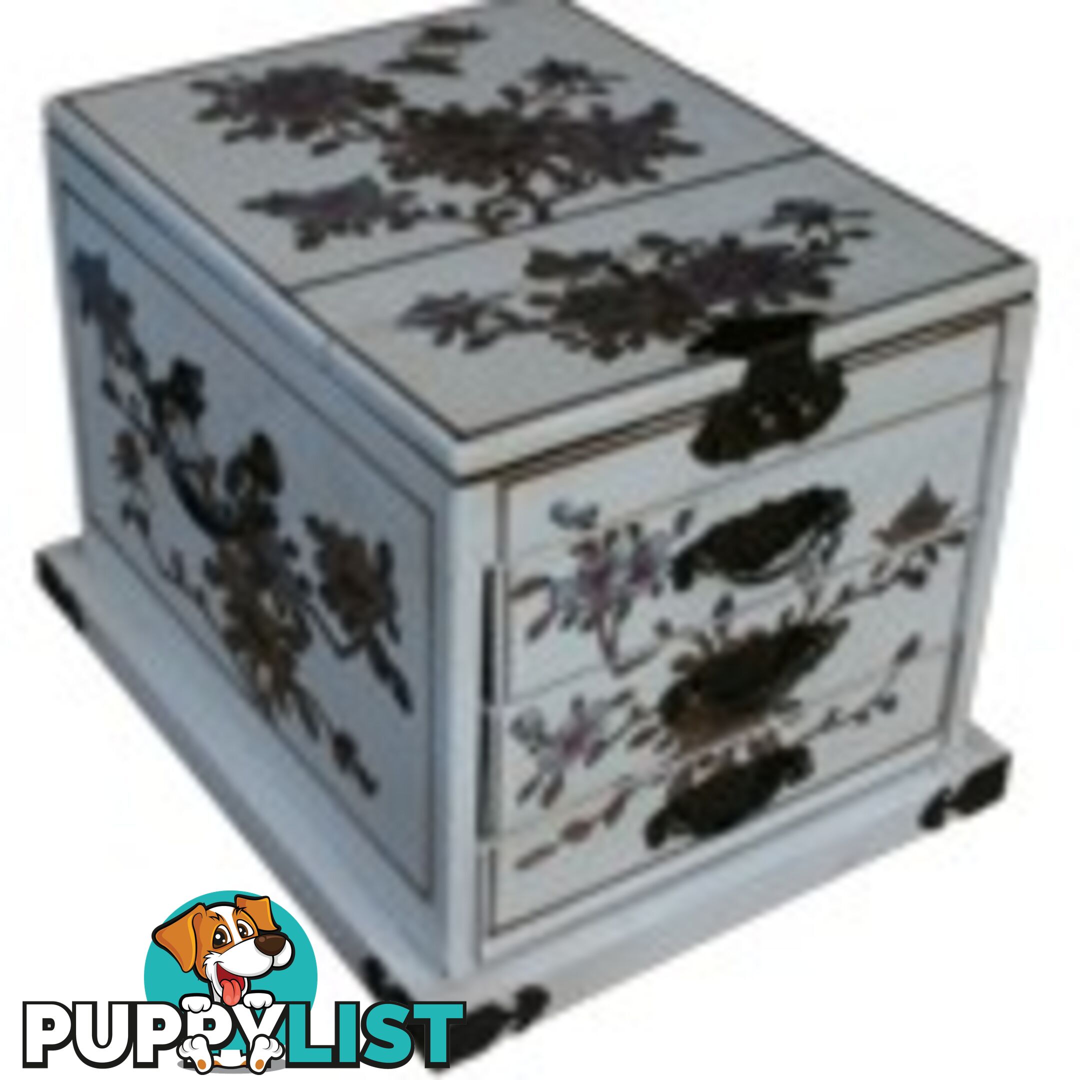 Large White Chinese Flower Painted Mirrored Jewellery Box