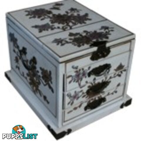 Large White Chinese Flower Painted Mirrored Jewellery Box