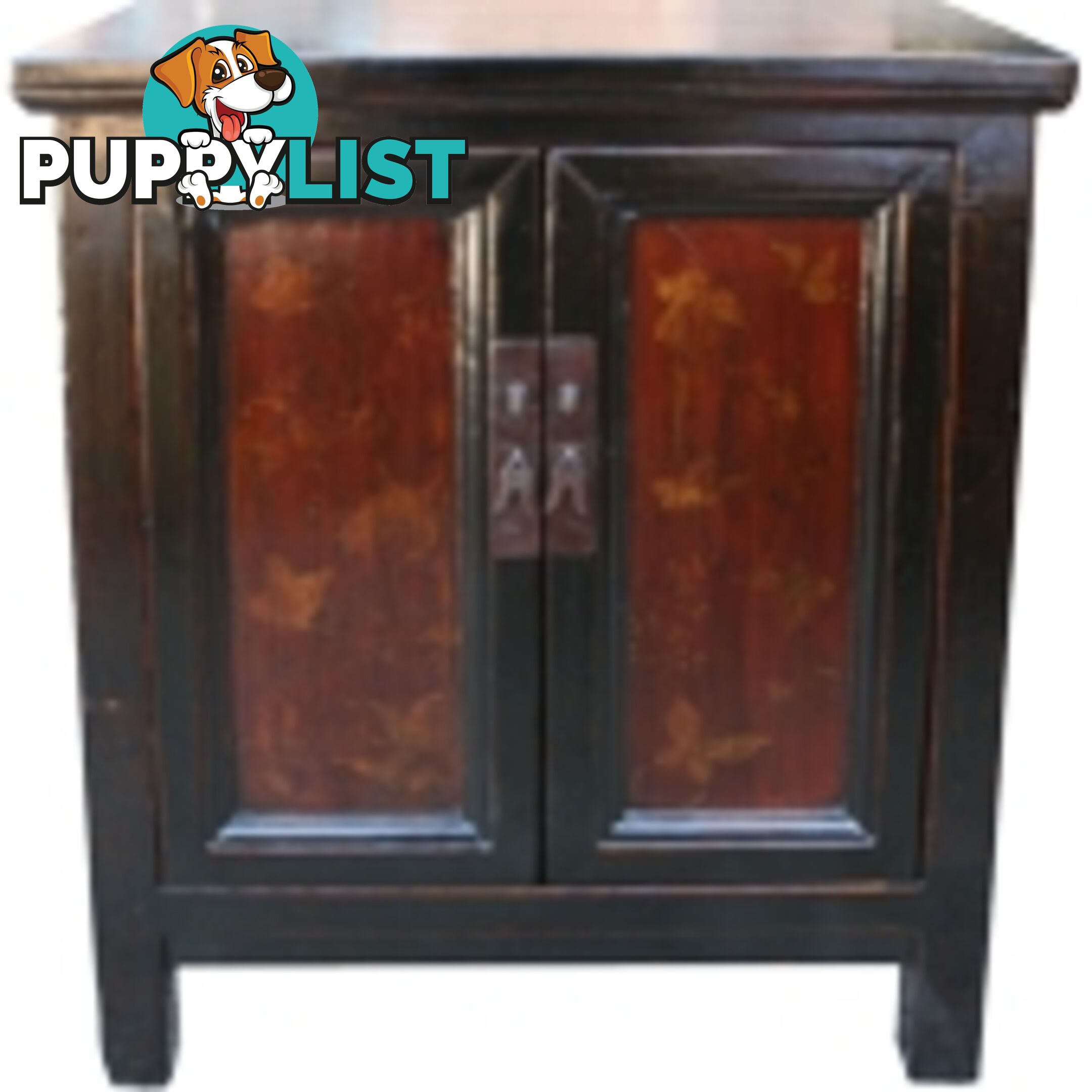 Chinese Red and Black Painted Butterflies Cabinet