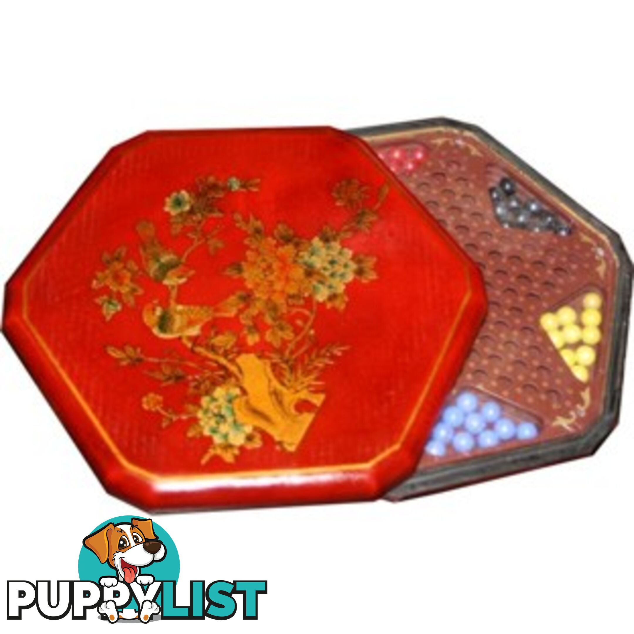 Chinese Checkers Set in Red Painted Flower & Bird Box