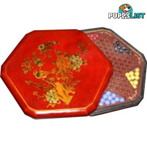 Chinese Checkers Set in Red Painted Flower & Bird Box