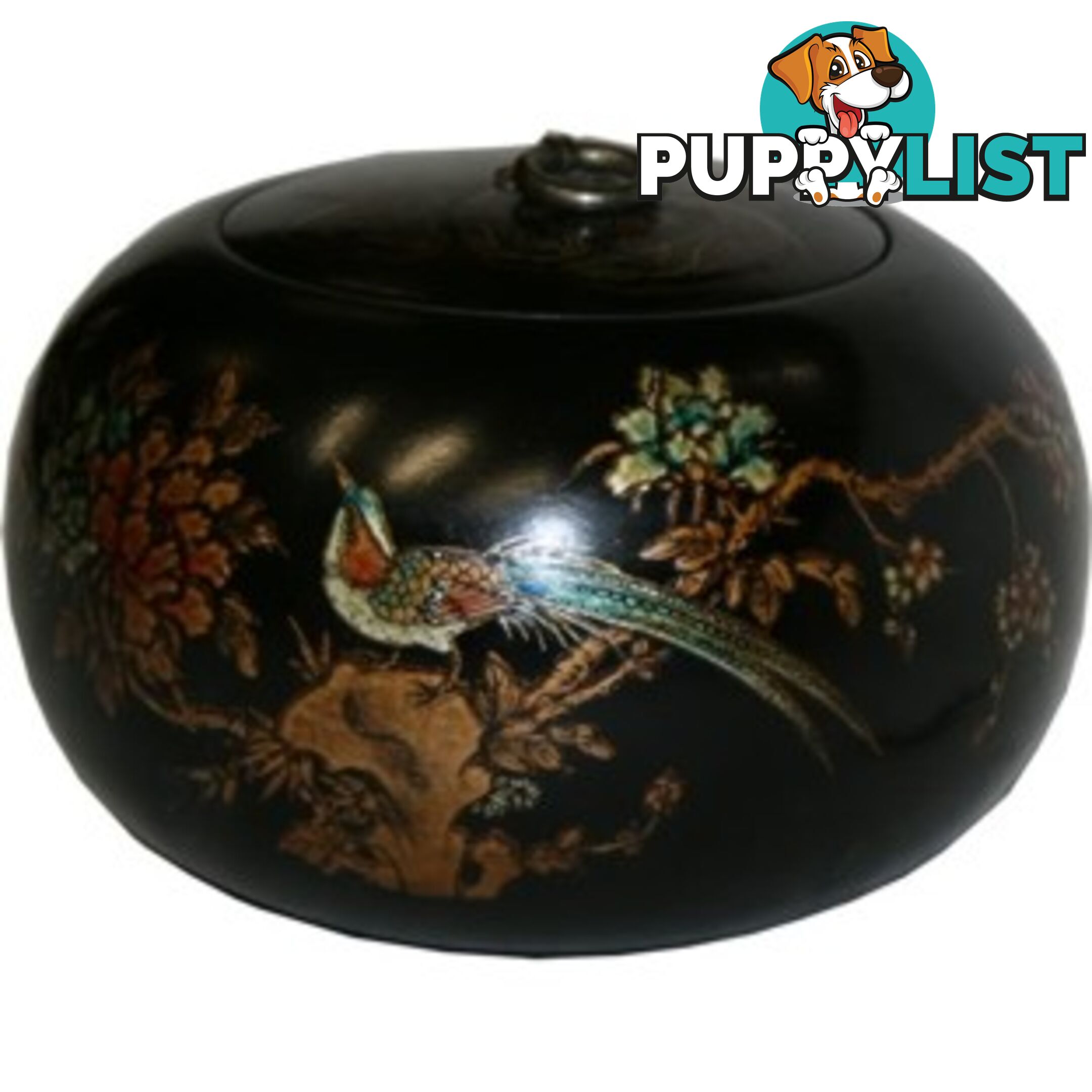 Black Hand Painted Round Oriental Wood Box