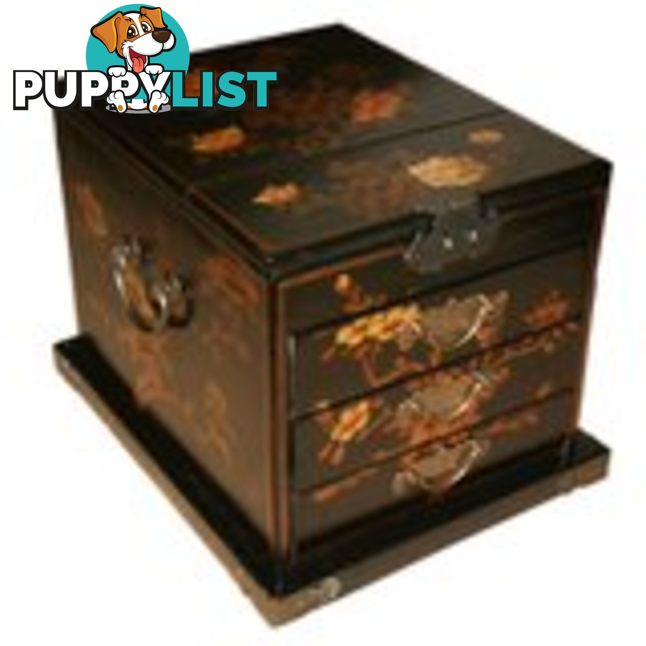 Black Chinese Jewellery Box with Stand-Up Mirror - Flower