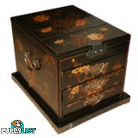 Black Chinese Jewellery Box with Stand-Up Mirror - Flower