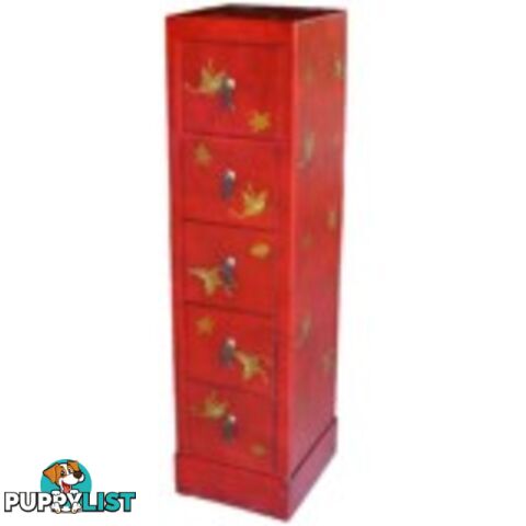 Red Oriental Embossed Butterfly DVD Tower Chest of Drawer