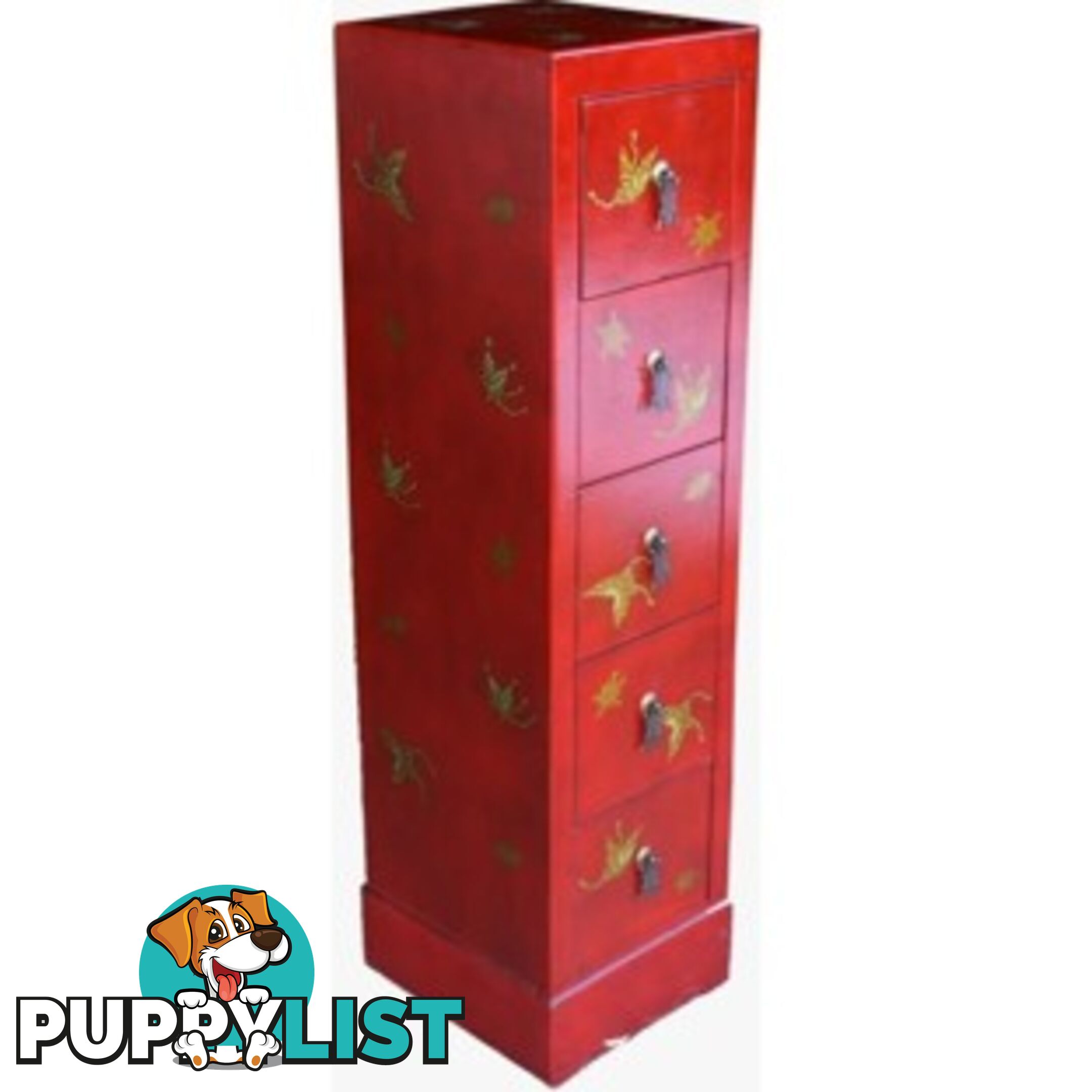 Red Oriental Embossed Butterfly DVD Tower Chest of Drawer