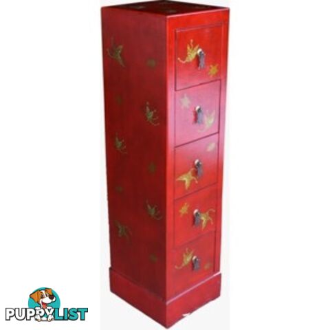 Red Oriental Embossed Butterfly DVD Tower Chest of Drawer