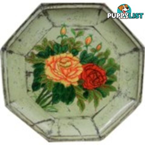 Antique Green Chinese Round Wood Tray with Gold Painting