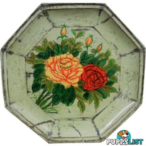 Antique Green Chinese Round Wood Tray with Gold Painting