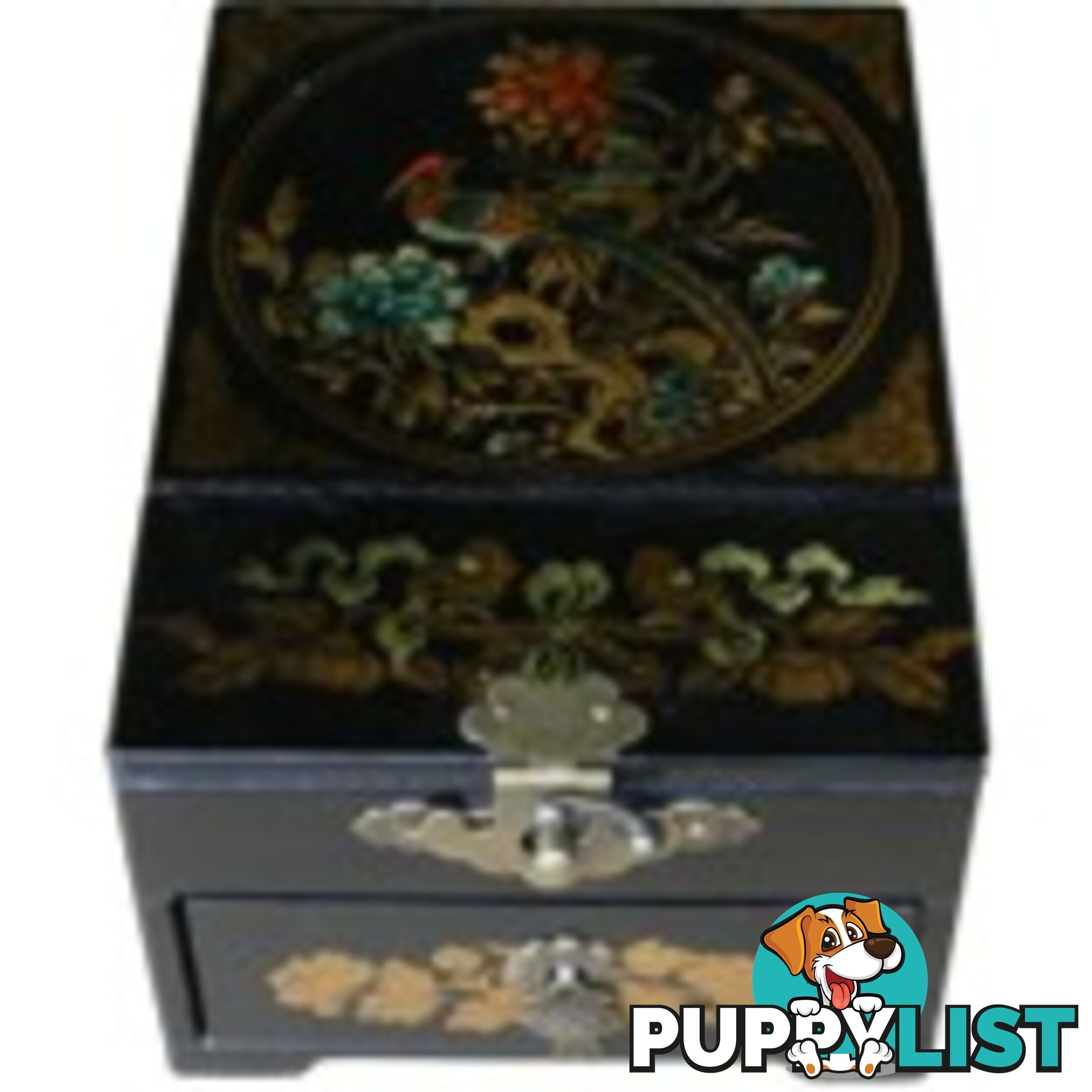 Black Jewellery Box with Stand-Up Mirror - Flower and Birds