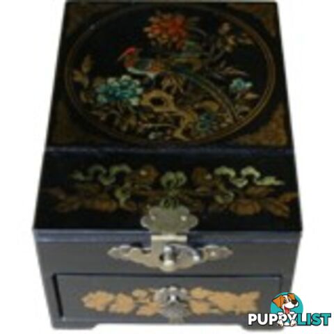 Black Jewellery Box with Stand-Up Mirror - Flower and Birds