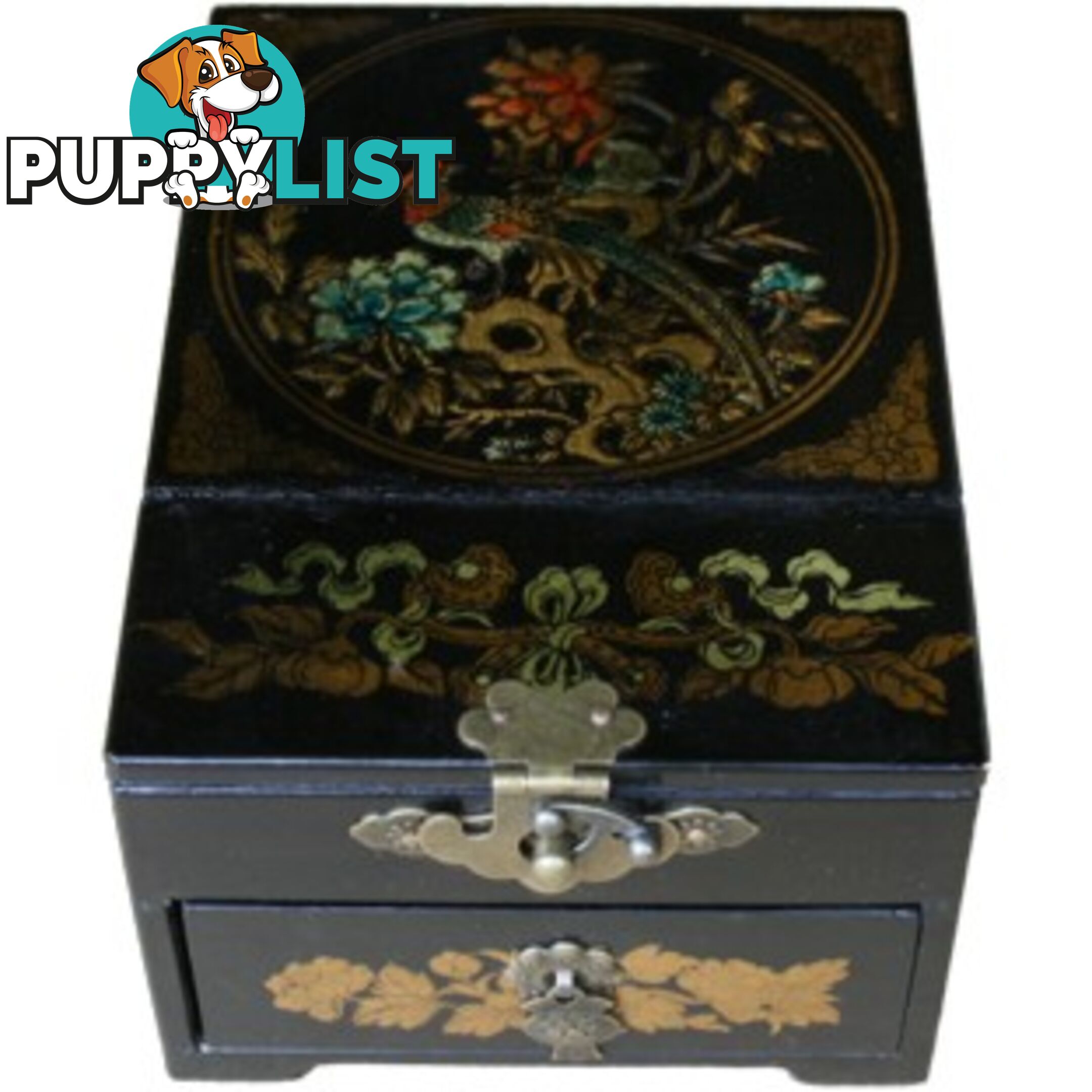 Black Jewellery Box with Stand-Up Mirror - Flower and Birds