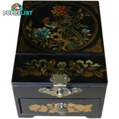 Black Jewellery Box with Stand-Up Mirror - Flower and Birds