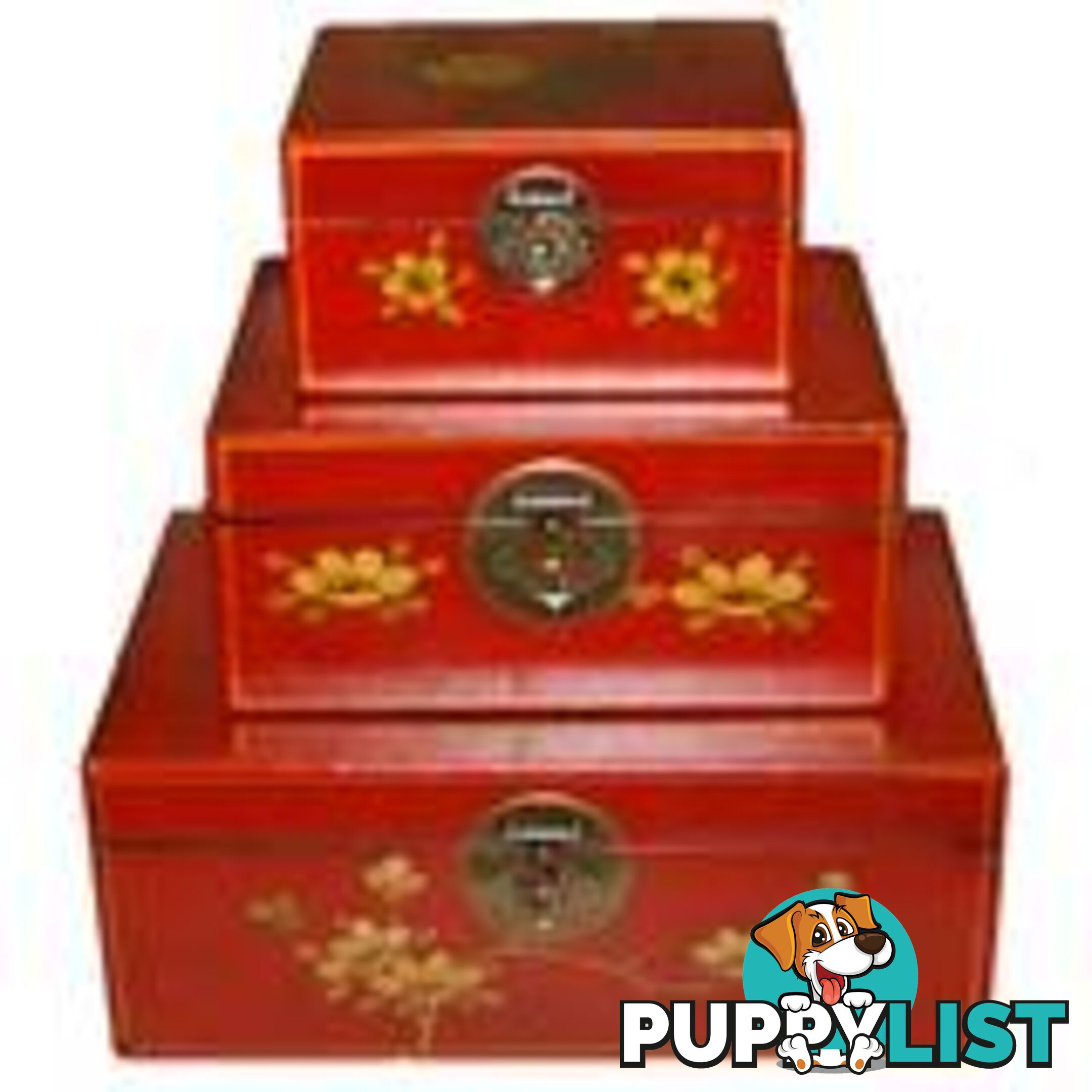 Set of 3 Red Painted Asian Box