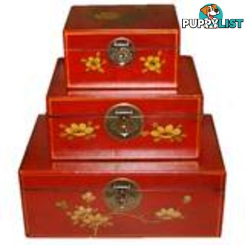 Set of 3 Red Painted Asian Box