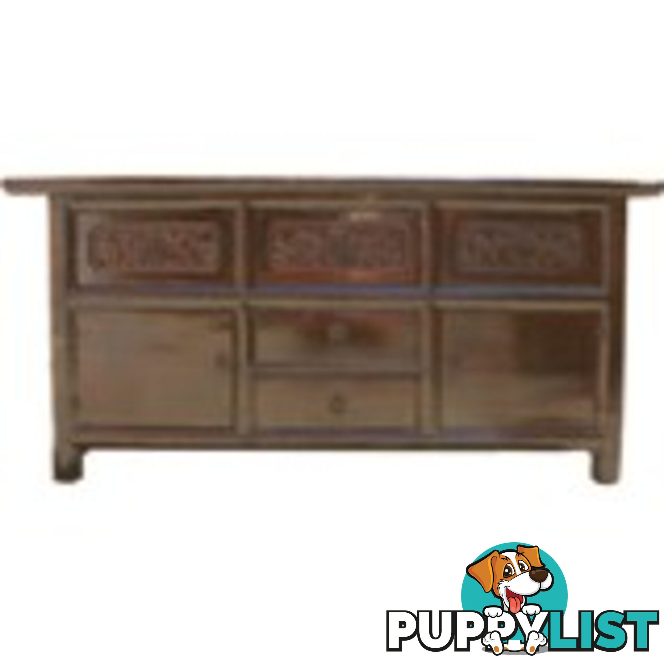 Original Carved Elm Wood Low Sideboard Buffet