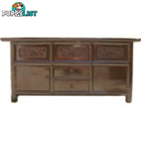 Original Carved Elm Wood Low Sideboard Buffet