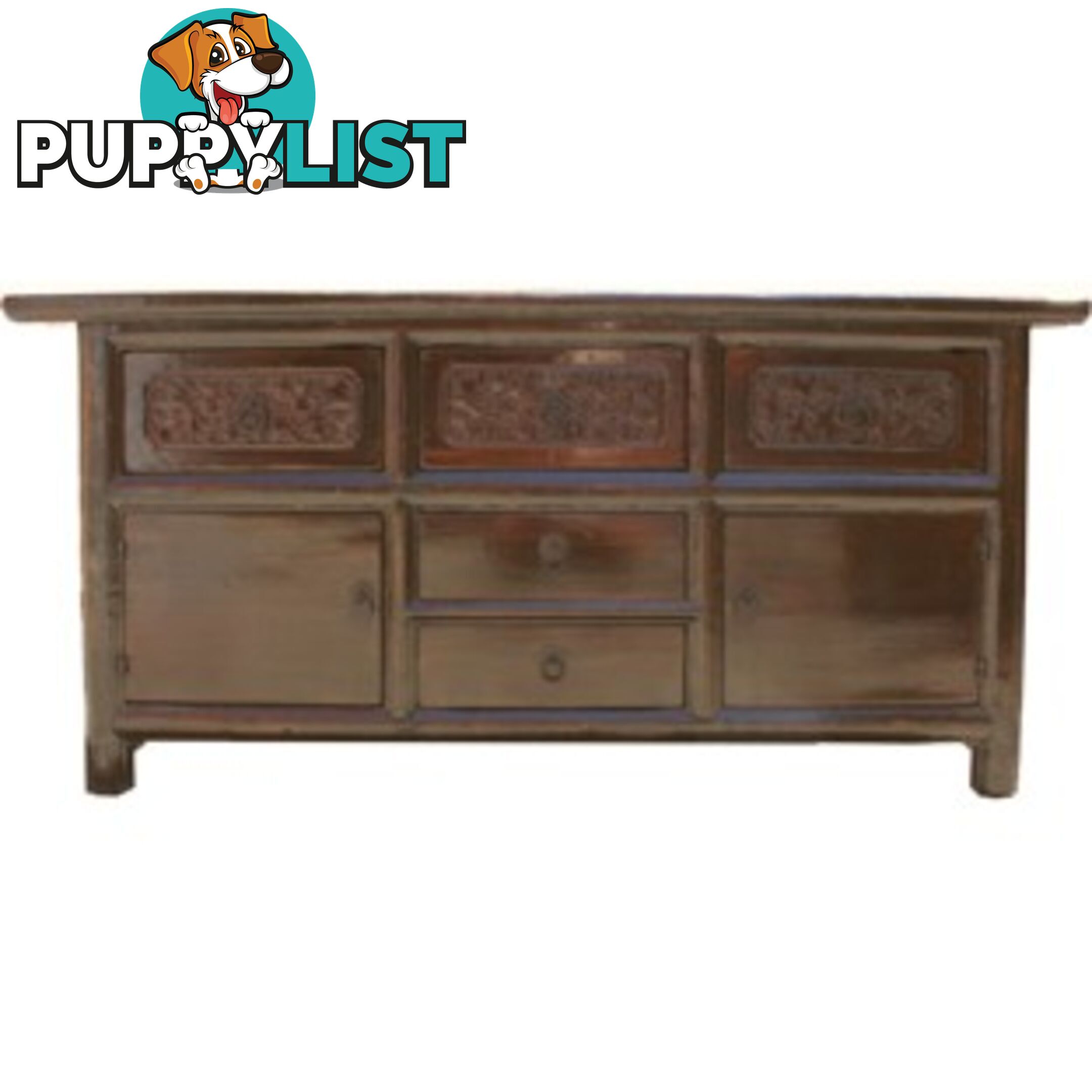 Original Carved Elm Wood Low Sideboard Buffet