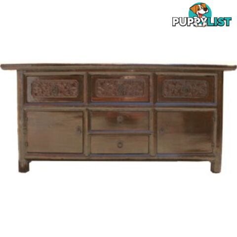 Original Carved Elm Wood Low Sideboard Buffet