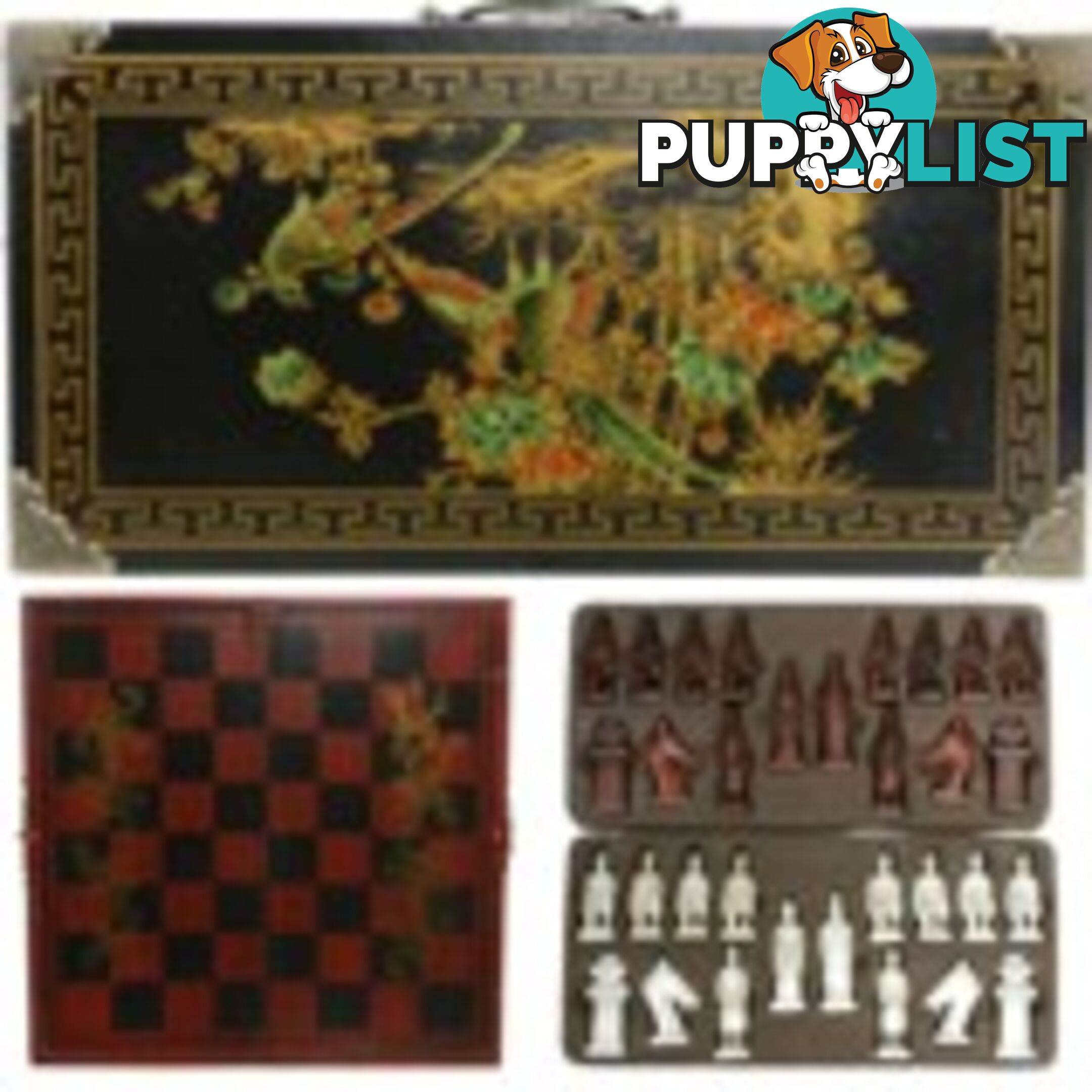 Chess Set in Oriental Style Black Painted Case