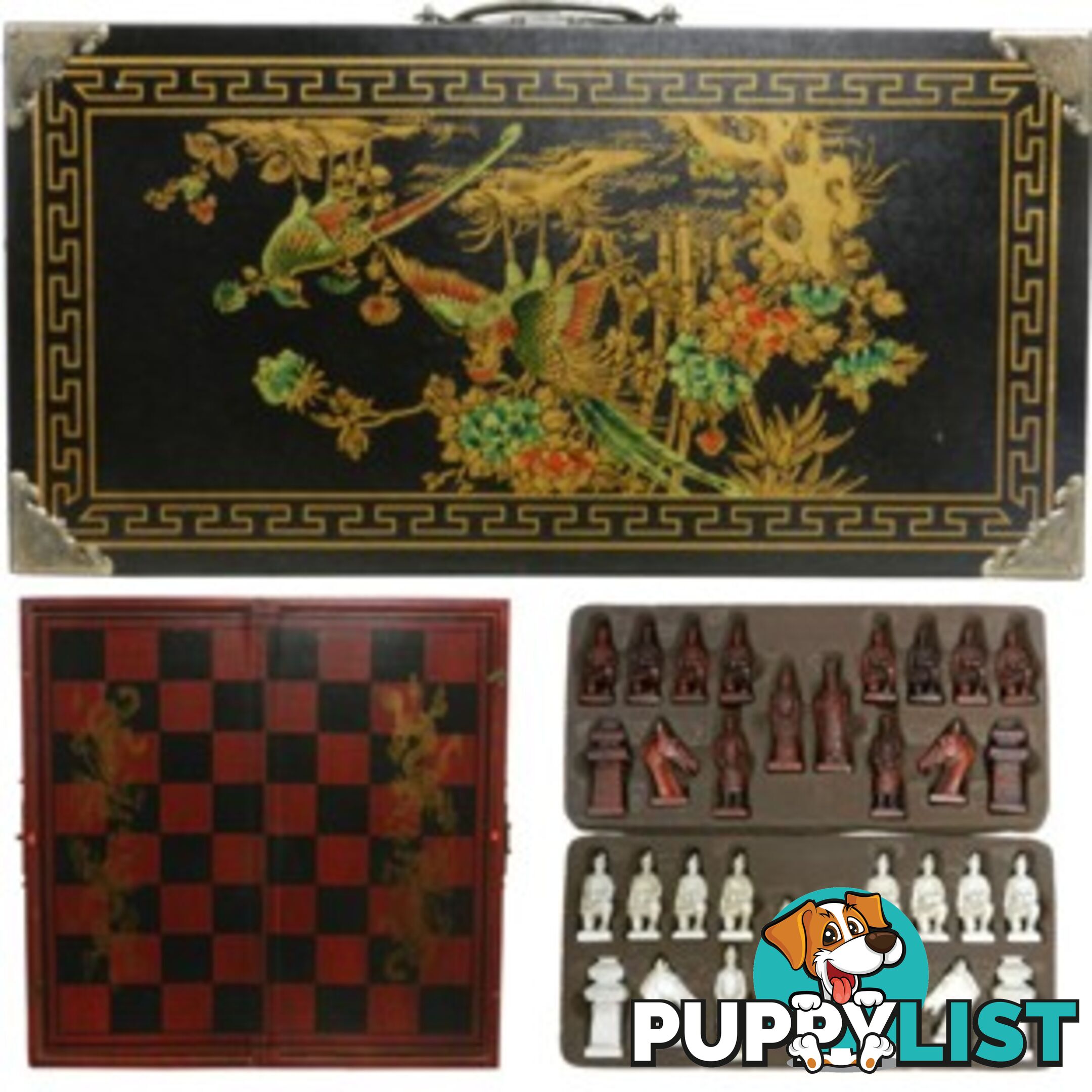 Chess Set in Oriental Style Black Painted Case