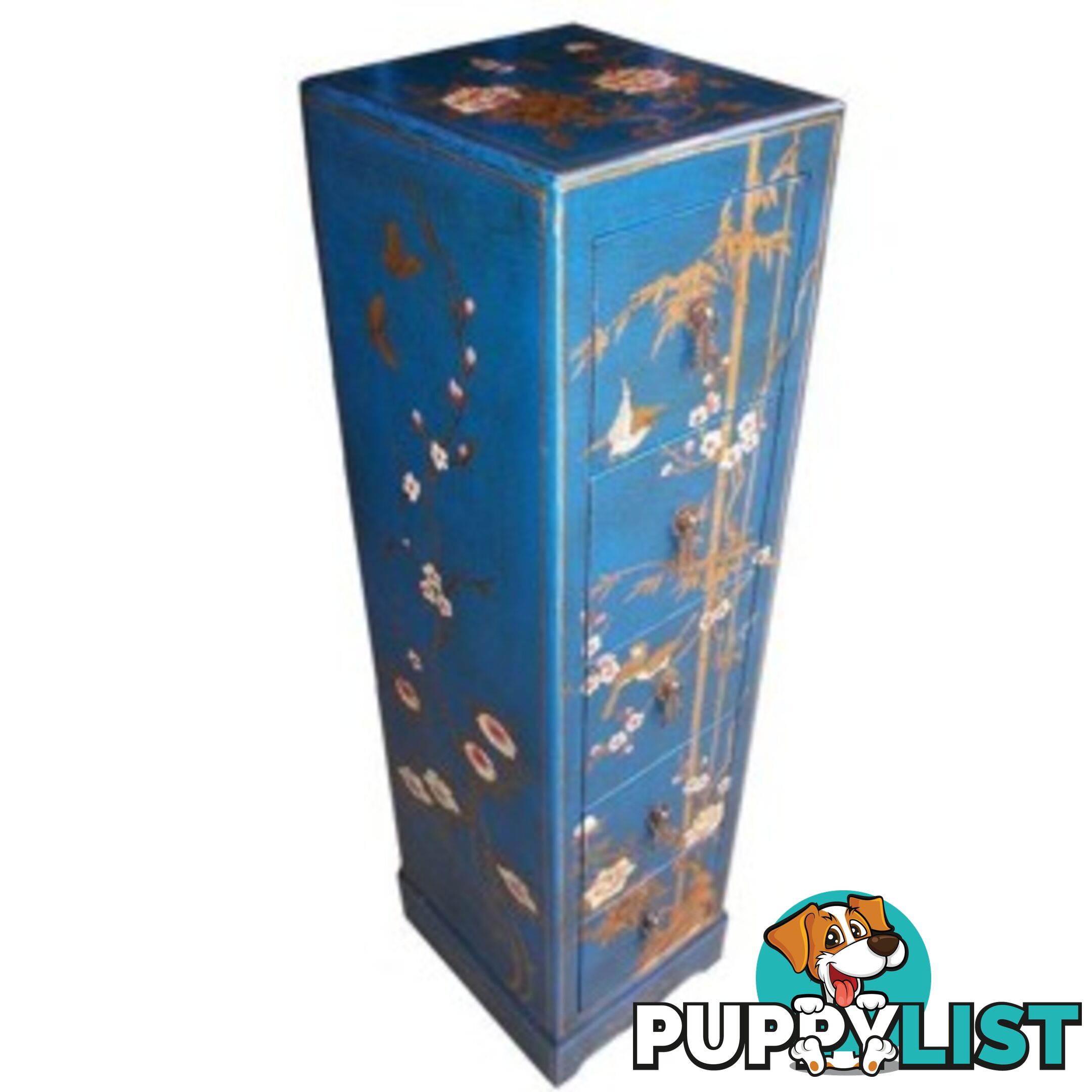 Blue Flora Painted Chinese Chest of Drawer CD/DVD Tower