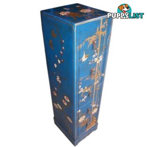 Blue Flora Painted Chinese Chest of Drawer CD/DVD Tower