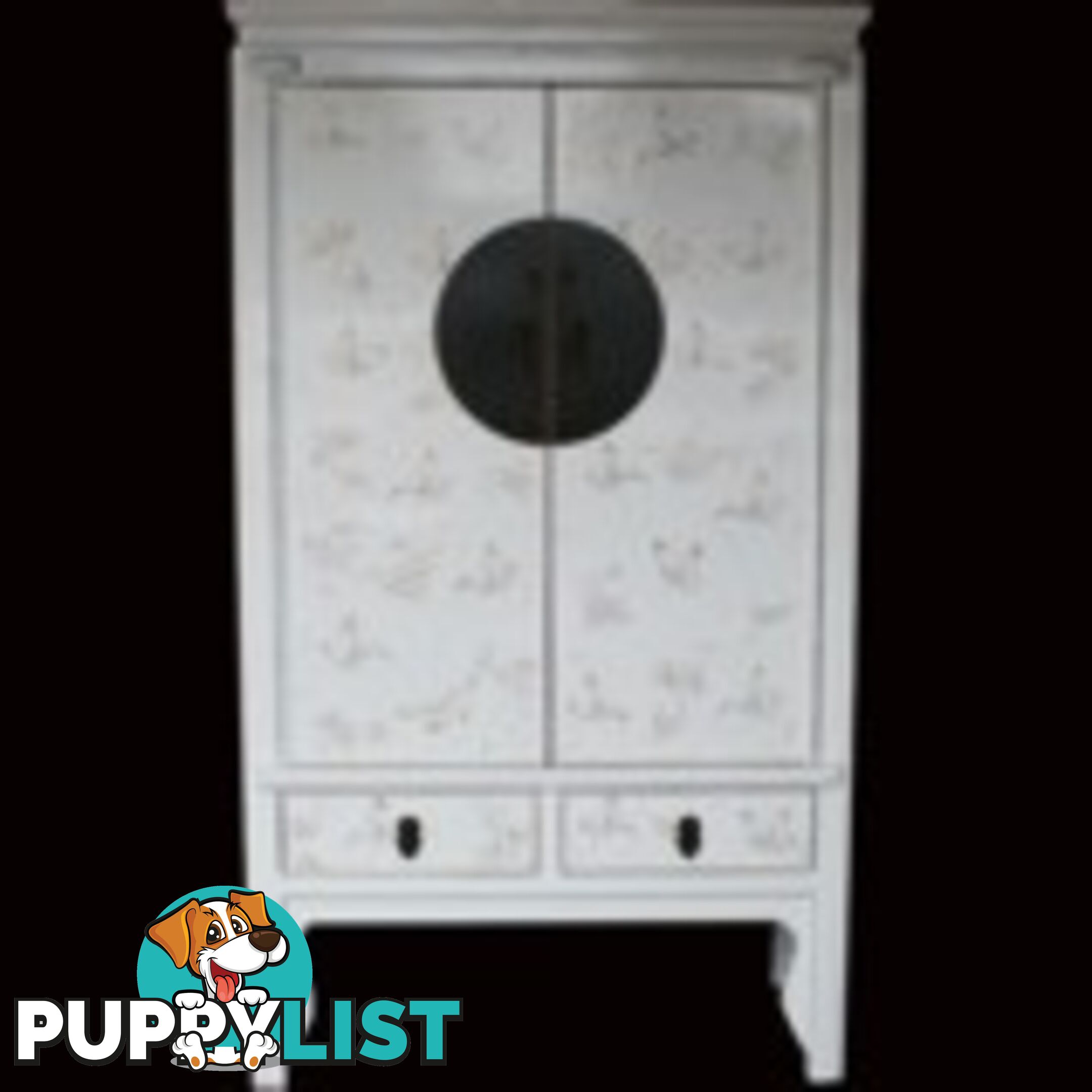 Large White Lacquer Chinese Wedding Cabinet with Butterflies Paintings