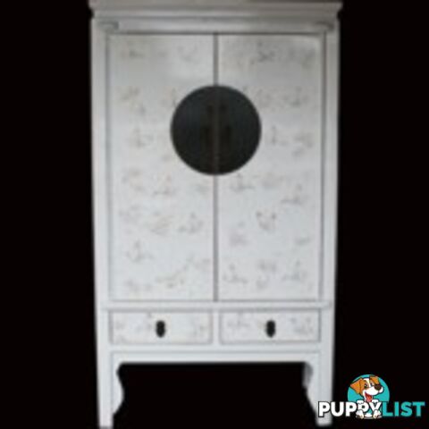 Large White Lacquer Chinese Wedding Cabinet with Butterflies Paintings