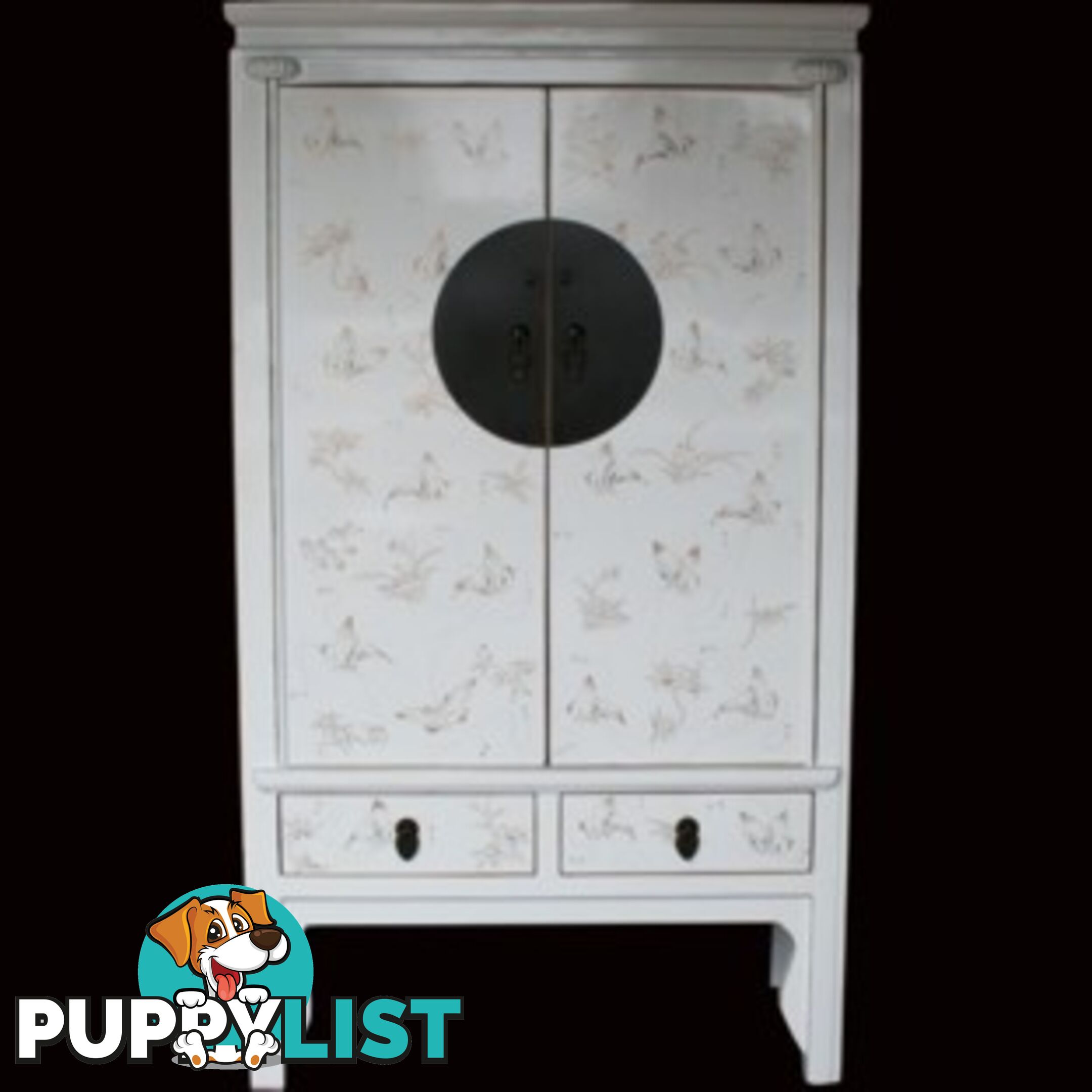 Large White Lacquer Chinese Wedding Cabinet with Butterflies Paintings