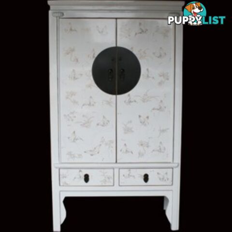 Large White Lacquer Chinese Wedding Cabinet with Butterflies Paintings