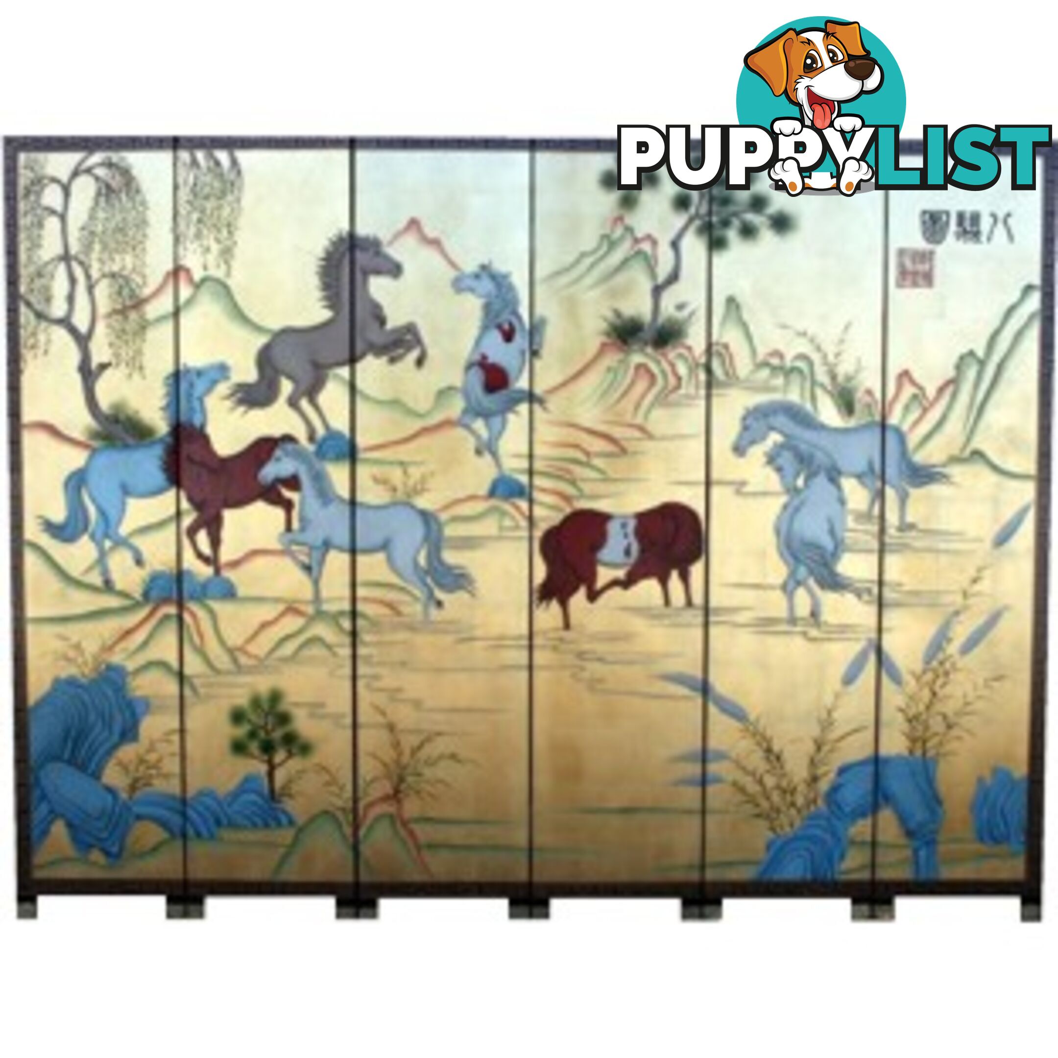 Eight Steeds Painting Chinese Screen Room Divider
