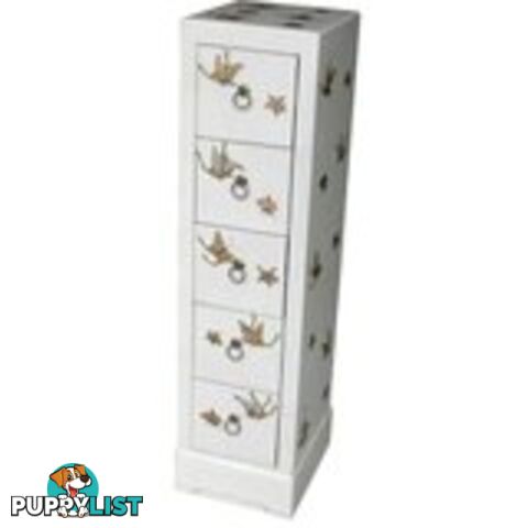 White Embossed Butterfly Chinese DVD Tower Chest of Drawer