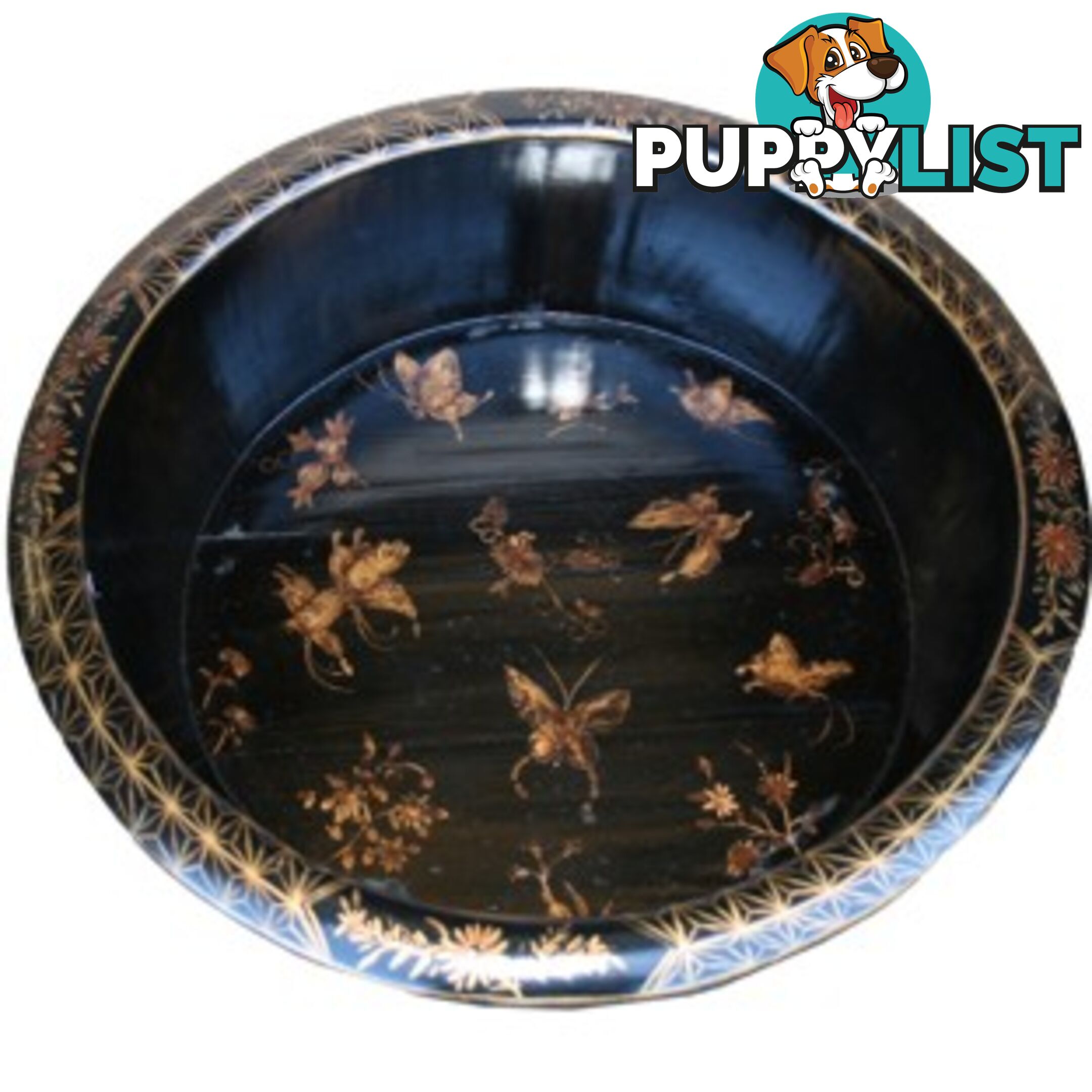 Chinese Black Butterflies Wood Water Basin with Stands