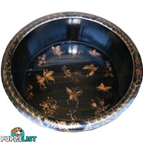 Chinese Black Butterflies Wood Water Basin with Stands