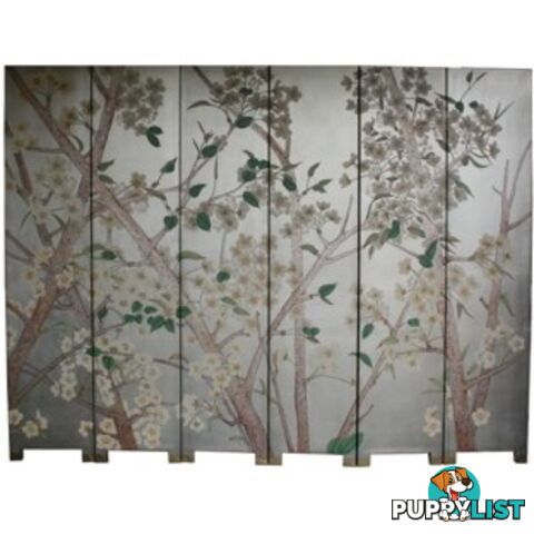 Chinese Silver Leaf Panel White Flower Room Divider Screen