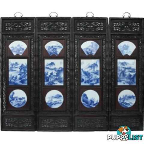 Chinese Wall Hanging Decoration-Carved Wood Panel w/Blue and White Porcelain Insert