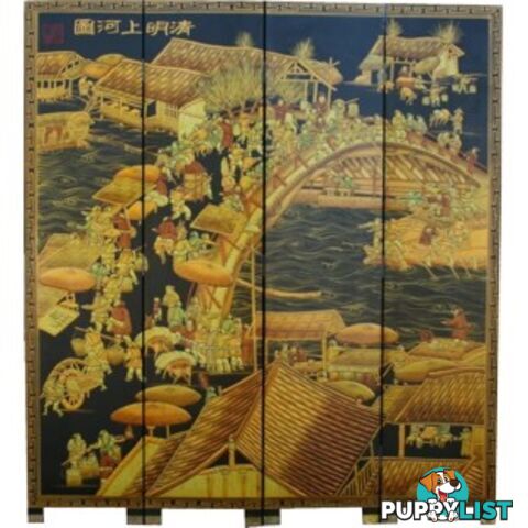 Chinese Qing Ming Festival Black Room Divider Screen
