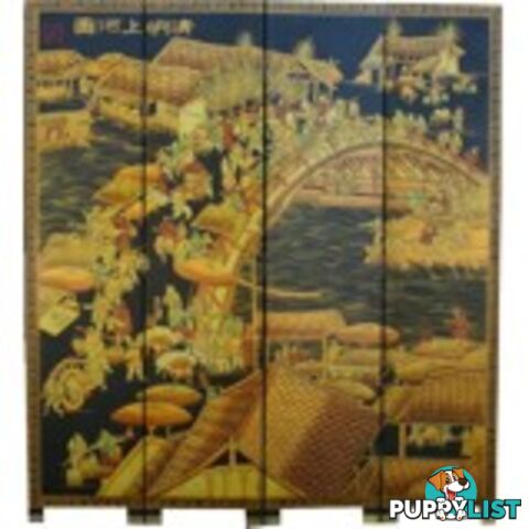 Chinese Qing Ming Festival Black Room Divider Screen