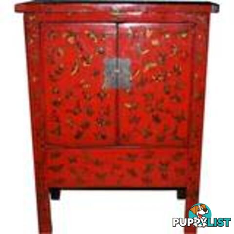 Chinese Red Painted Gold Butterflies Medium Cabinet