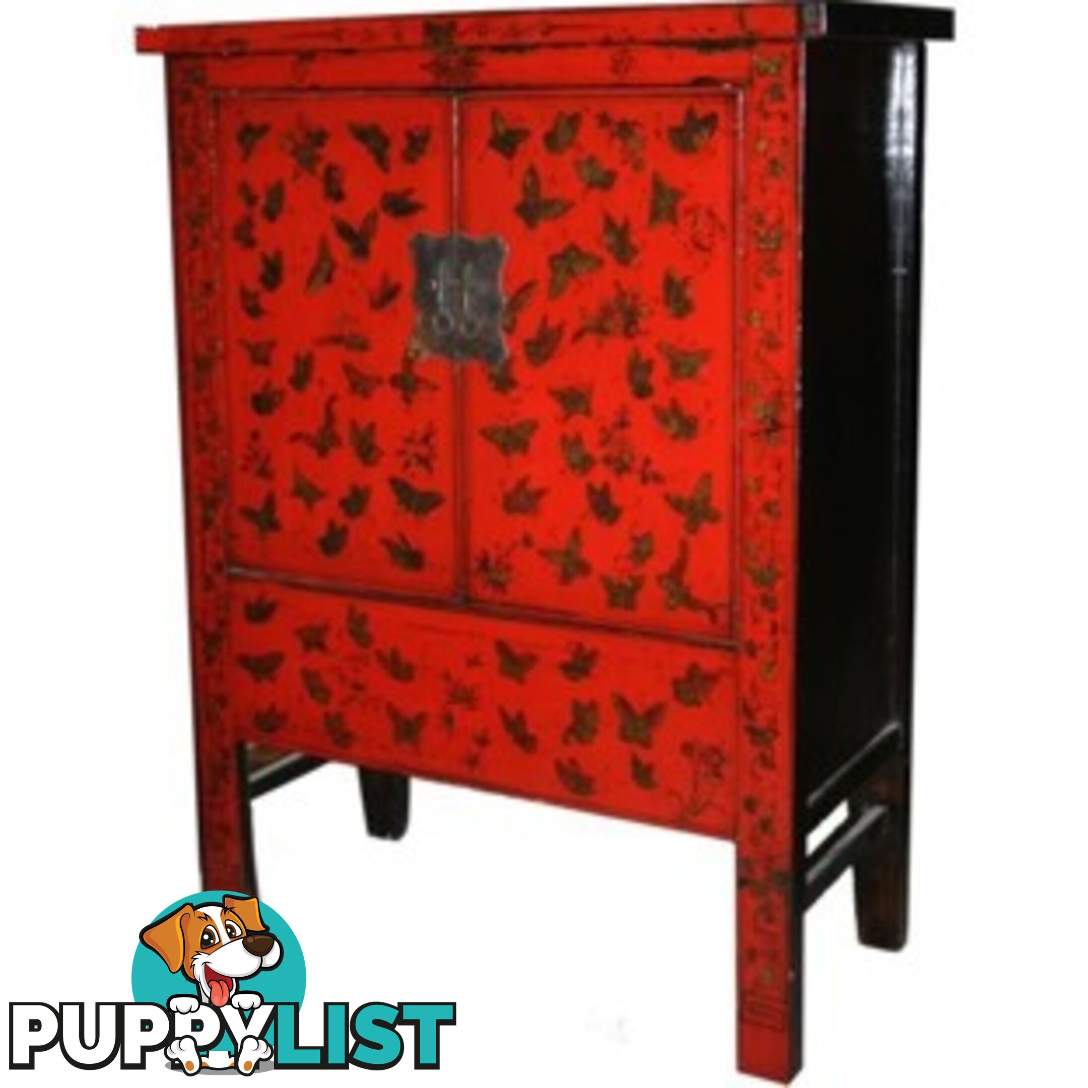 Chinese Red Painted Gold Butterflies Medium Cabinet