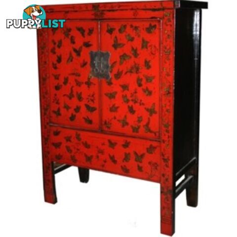 Chinese Red Painted Gold Butterflies Medium Cabinet